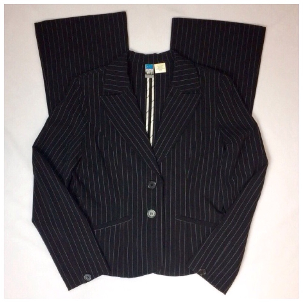 2Pc Pant Suit Black/White Wide Pint Stripe No Lining Formal Wear Size 5JR